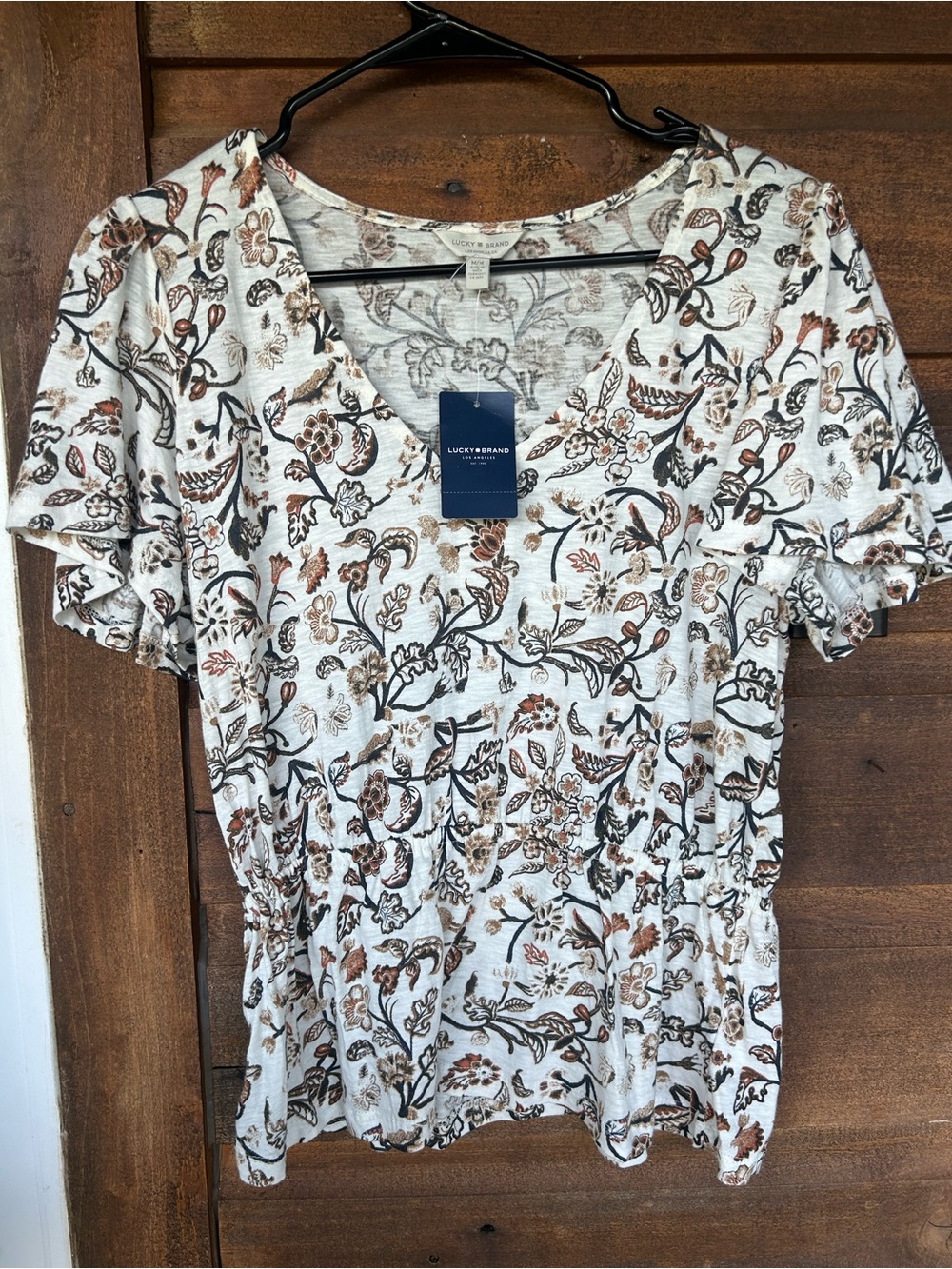 NWT Lucky Brand Floral V-Neck Flutter Sleeve Peplum Top M